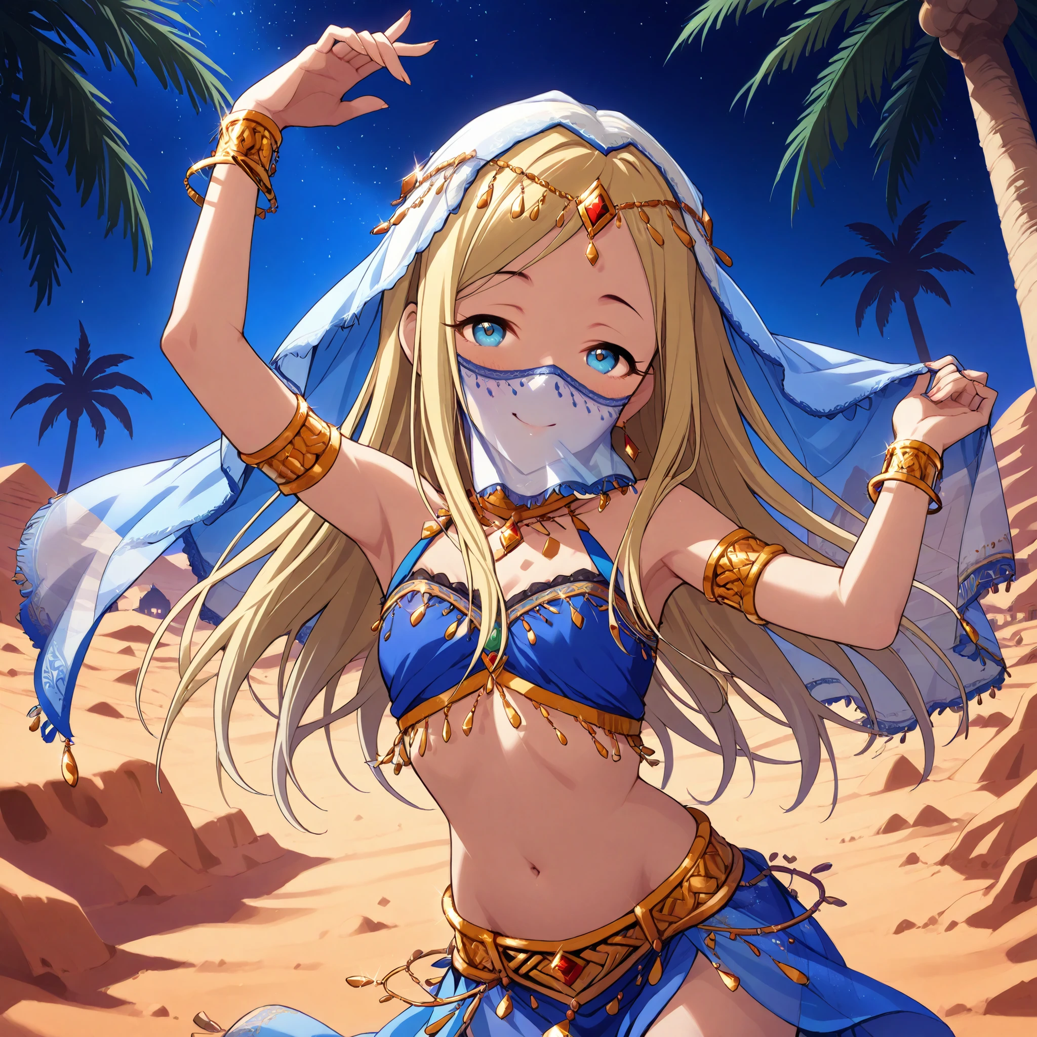 (1girl:1 . 5) , (Seul:1 . 5) , score_9 , score_8_haut , score_7_haut , source_anime , Official work  , ultra-detailed , masterpiece , best quality selfie snapshot , high res , beaux yeux , detailed eyes , detailed face , beautiful detailed eyes ,THE iDOLM@STER Cinderella Girls,Layla,Arabian Clothes , Arabian Dancer ,belly dancer costume ,mouth veil, golden jewelery,armlet, belly dancing,night,desert, palm tree , smile, dancing with veil, dynamic movement,dance posture,  pose,sexy pose