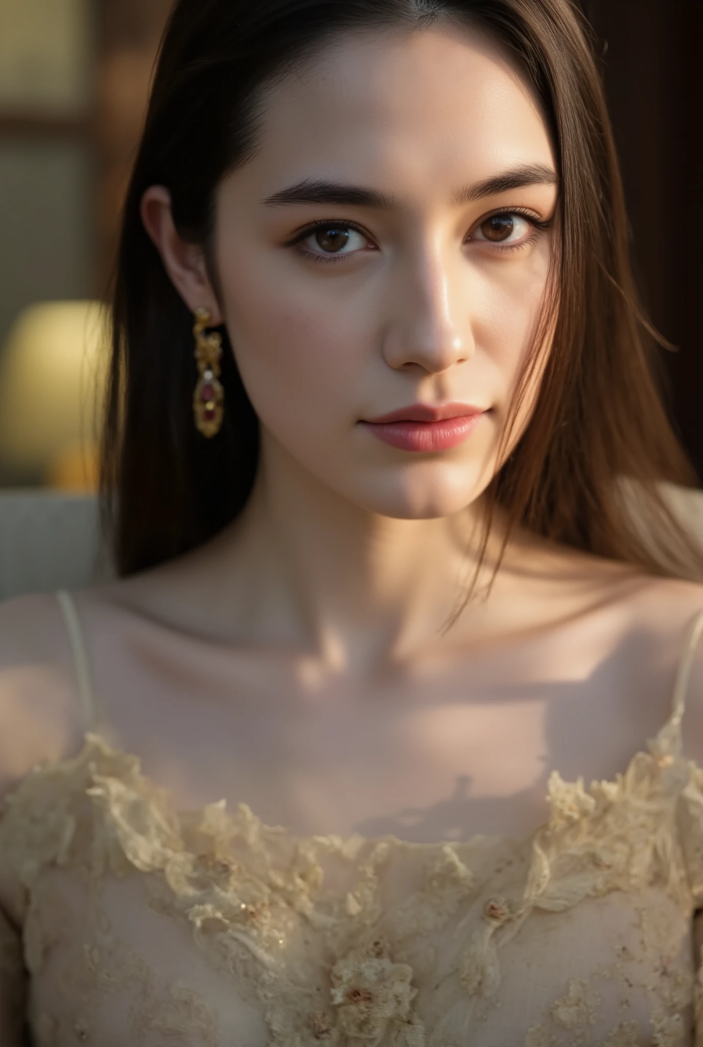 Beautiful woman with high eyes , Tired Expression Beautiful Woman with Elegant and Modest Expression, eyes tinged with melancholy, Delicate Faces, looks tired, Premium High Quality, Photographer style, Painting-style , Ideal Portrait, soft light, Blur Bokeh , delicate texture, Deep Color, 4K high resolution, Realistic, Extreme detail, professional, vivid colors, detail oriented