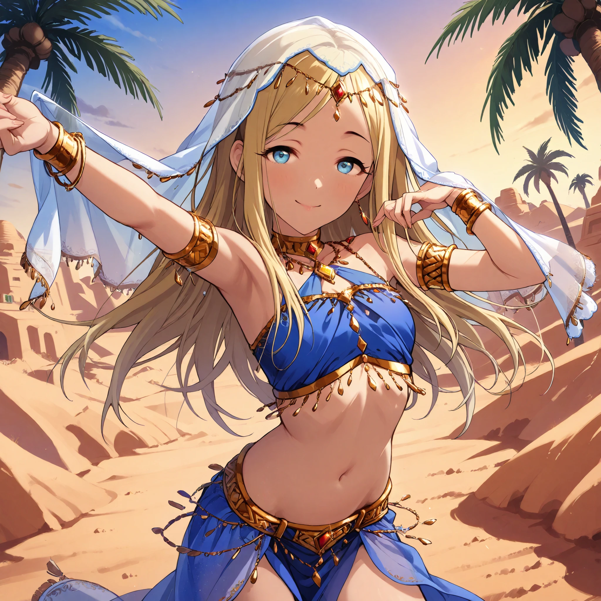 (1girl:1 . 5) , (Seul:1 . 5) , score_9 , score_8_haut , score_7_haut , source_anime , Official work , ultra-detailed , masterpiece , best quality selfie snapshot , high res , beaux yeux , detailed eyes , detailed face , beautiful detailed eyes ,THE iDOLM@STER Cinderella Girls,Layla,Arabian Clothes , Arabian Dancer ,belly dancer costume , golden jewelery,veil,armlet, belly dancing,desert, palm tree , smile, dancing with veil, dynamic movement,dance posture, pose,sexy pose