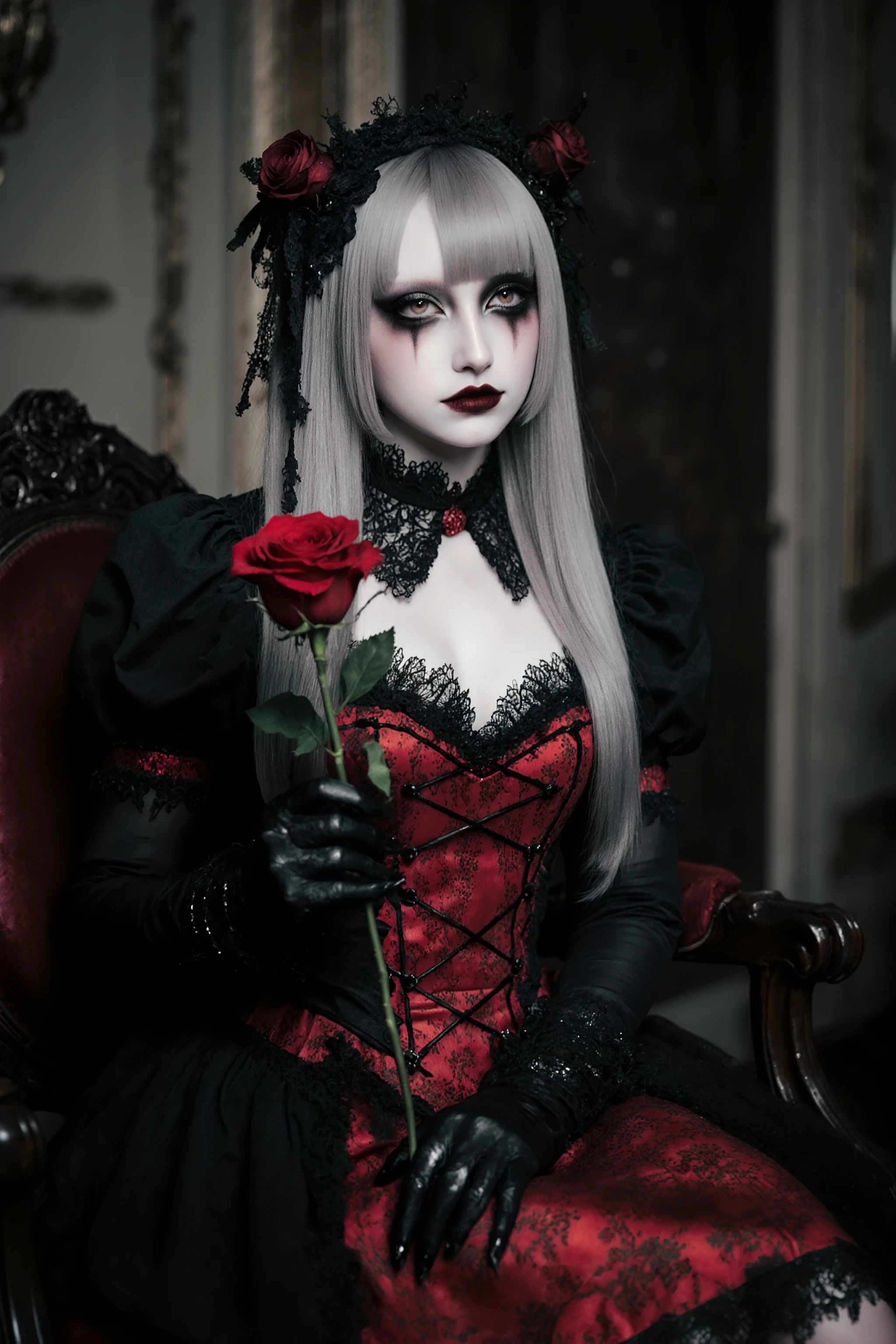 fashion portrait,artist photoshoot,1girl,silver hair,red and black dress,trim,pale skin,makeup,midriff,rose,goth,horror theme,in victorian goth room,realistic photo,dramatic,