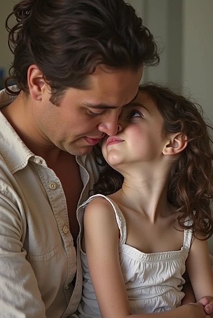 A six-year-old Shirley Temple wearing white semi-transparent sexy lingerie kissing an old fat man