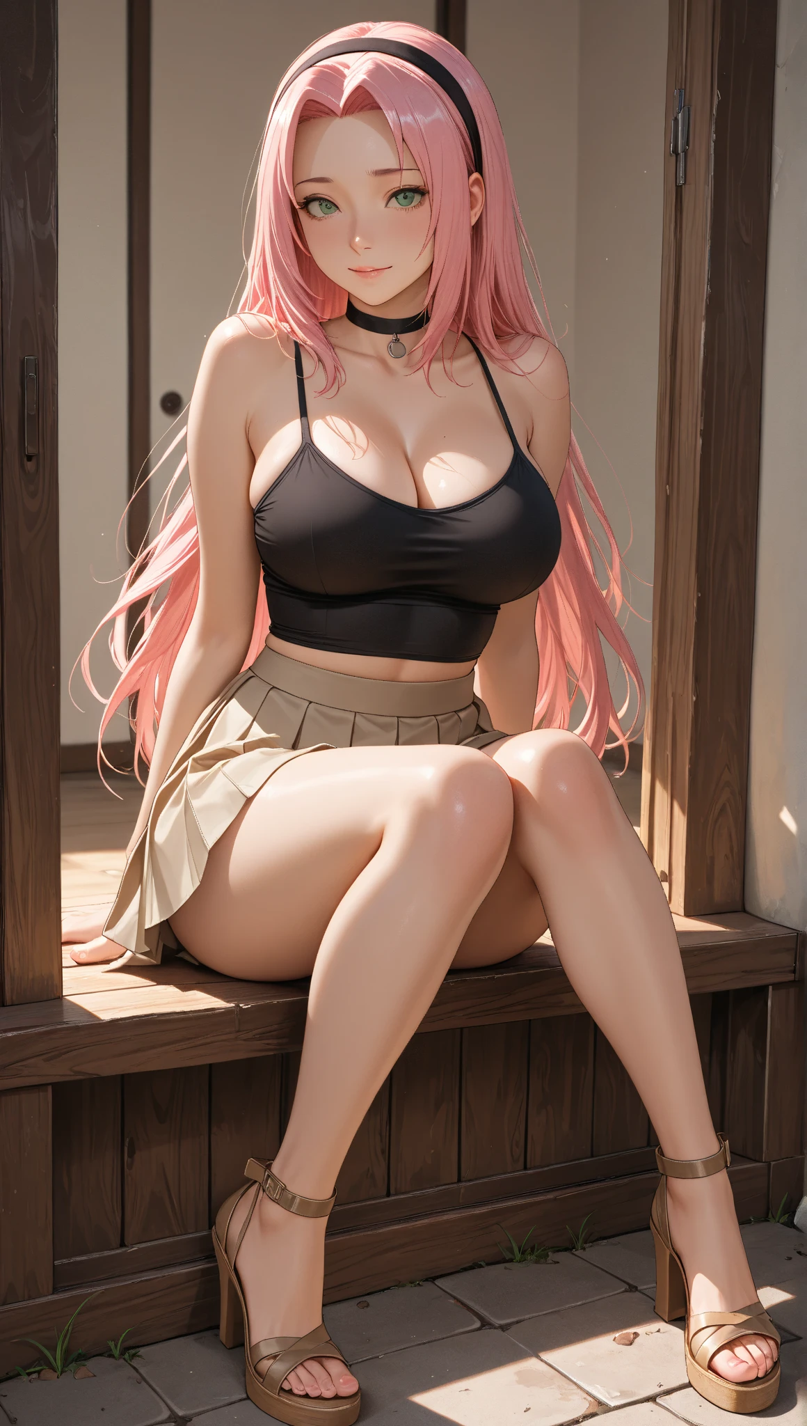 Girl with crimson pink hair a light red makeup on top of her eyelashes bright green eyes she wears a black sweater showing her belly white robot gloves long boots and a mini skirt she is sitting on a chair with her legs crossed she uses a katana dolled up anime cartoon figure giving focus to her big boobs and big ass 