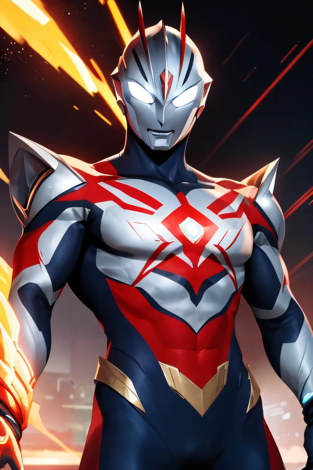 futuristic Ultraman warrior, sleek cybernetic armor design, crystalline core in chest, metallic silver, red and neon blue color scheme, dynamic pose, muscular humanoid form, glowing energy patterns, ultra modern sci-fi aesthetic, dramatic lighting, intricate panel details, 4k digital art, high detail rendering
