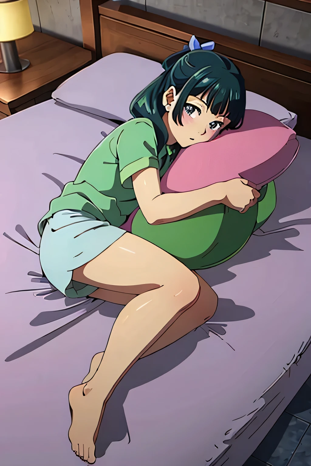 Top quality (8k, high resolution, masterpiece: 1.2), super detailed, anime art style, (bed, lying down, a long pillow, pillow hug, place a pillow between thighs, barefoot, blush, hugging pose), (shirt, short sleeves, shorts), (full body), dutch angle, looking at the viewer, detailed green hair, detailed blue eyes, intricate hairstyle, long hair , (small ), slim body, sparkling eyes, youthful, hair accessories, earrings, half-updo, slightly dull bangs, detailed lighting, bright colors, looking at the viewer, in the center of the image,