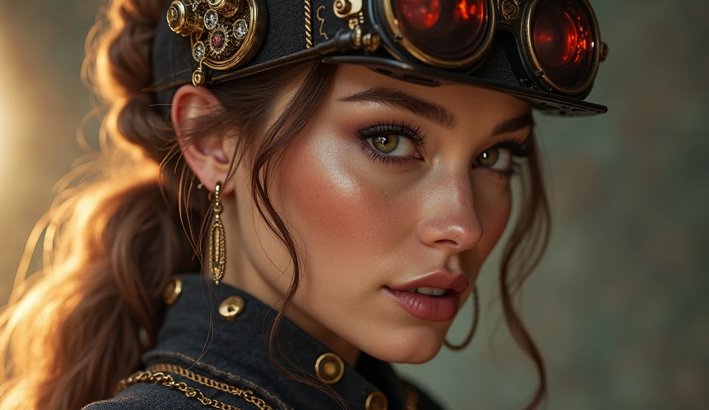 photo, Moteurs à vapeur portrait 8k, in a mecha-steampunk ,1fille brune, style, Skin details
