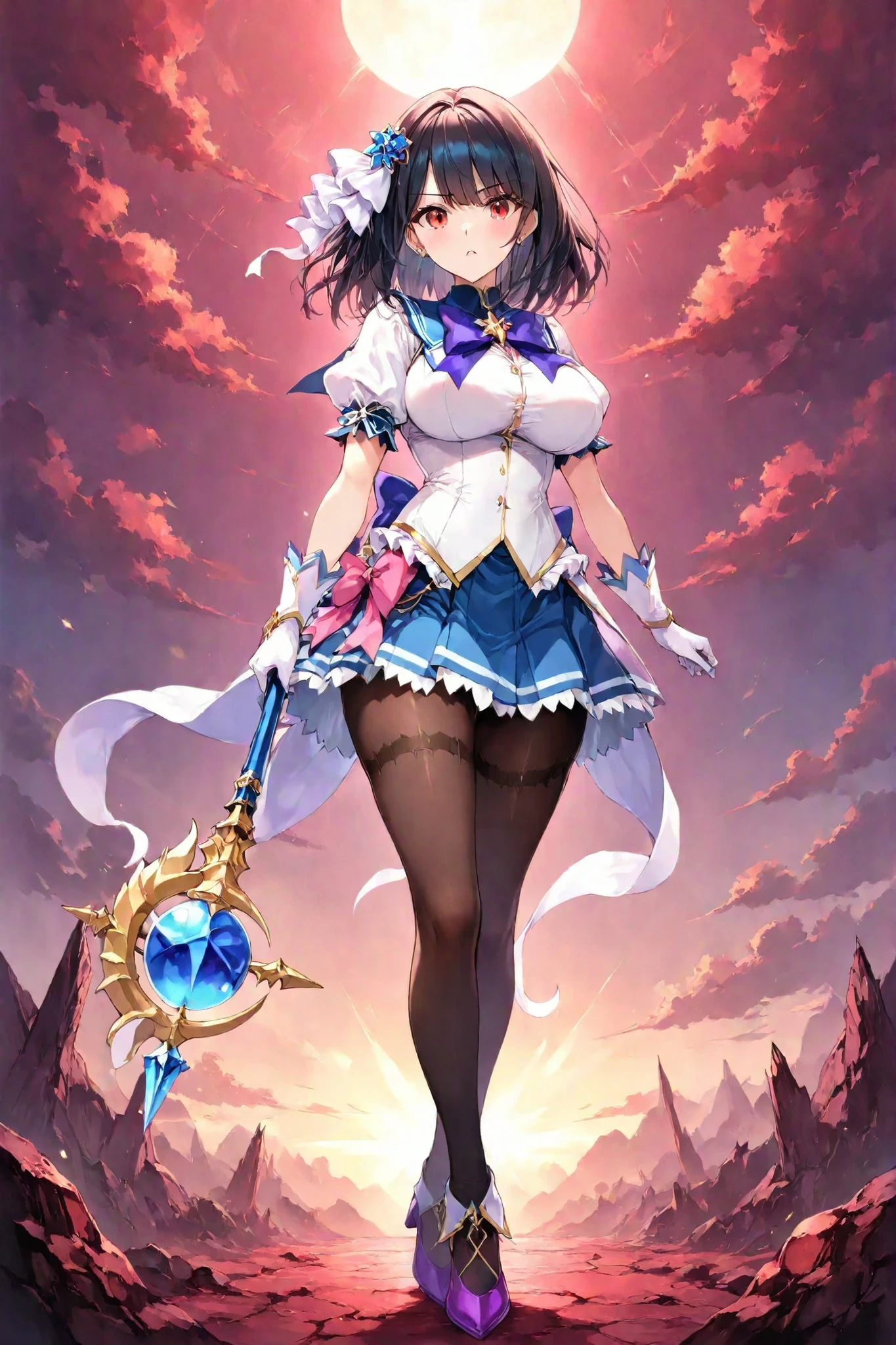 insanely detailed, hyper detailed, masterpiece, best quality, exquisite, high quality, detailed, beautiful, ultra detailed, orb blue staff,A high school magical girl, illuminated, no people. She has medium-length black hair, red eyes, and a pained expression. She wears a modest but original magical girl costume: fitted bodice with a blue ribbon, pleated skirt below the knees with soft frills, black pantyhose, purple heels. Her outfit is practical and designed for magical combat, inspired by school uniforms but cute and stylized. Not a dress, not a robe. both hands gripping the staff in a battle-ready stance. beautiful breasts, curvy, radiates confidence, full-body portrait of Shimizu Tsubaki in her official transformed magical warrior outfit: anime-style face with red eyes and black medium hair, standing firmly in a windy barren wasteland, facing the viewer with a serious and determined expression, sunrise behind her casting golden light from the horizon, dramatic sky with scattered clouds, dynamic cinematic lighting, highly detailed anime illustration, ultra high resolution, consistent costume design, heroic composition