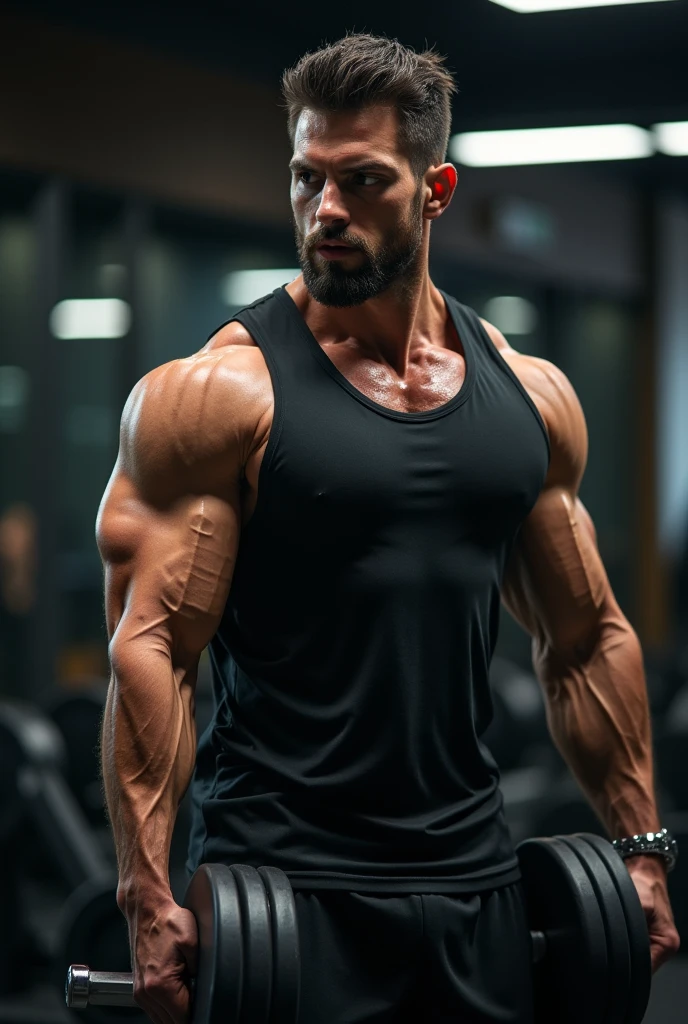 muscular man with black hair, blue eyes, wearing gym shorts, sweaty rough look, sensual, photorealistic, 8k, hyper detailed, cinematic lighting, dramatic contrast, chiaroscuro, oil painting, dramatic, moody, intense