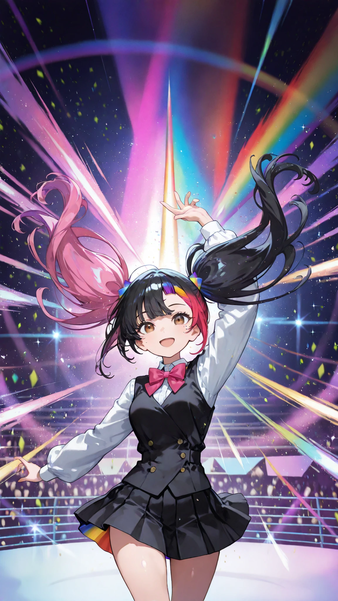 1 woman, DANCE SCENE , dancing happily, Magical Effects, fantastic, rainbow, prism, Action, motion blur, cowboy shot, Minami Yoshikawa, black hair with pink inner color hair, twin tails, asymmetrical hair, brown eyes, mole under the eye, slight build, Very awa, masterpiece, Highest Quality, Newest, absurd, high resolution