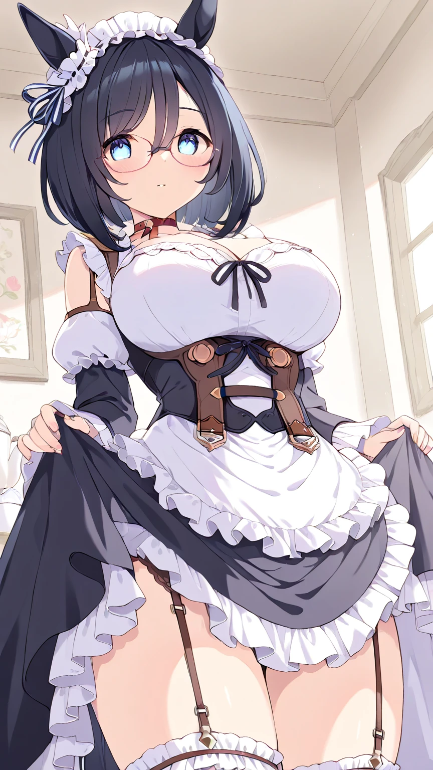 (masterpiece, best quality, high resolution, ((full body standing)), ((huge breasts)) 1 beautiful girl, dark blue hair in a bun, battle maid armor, maid headdress, serious posture
