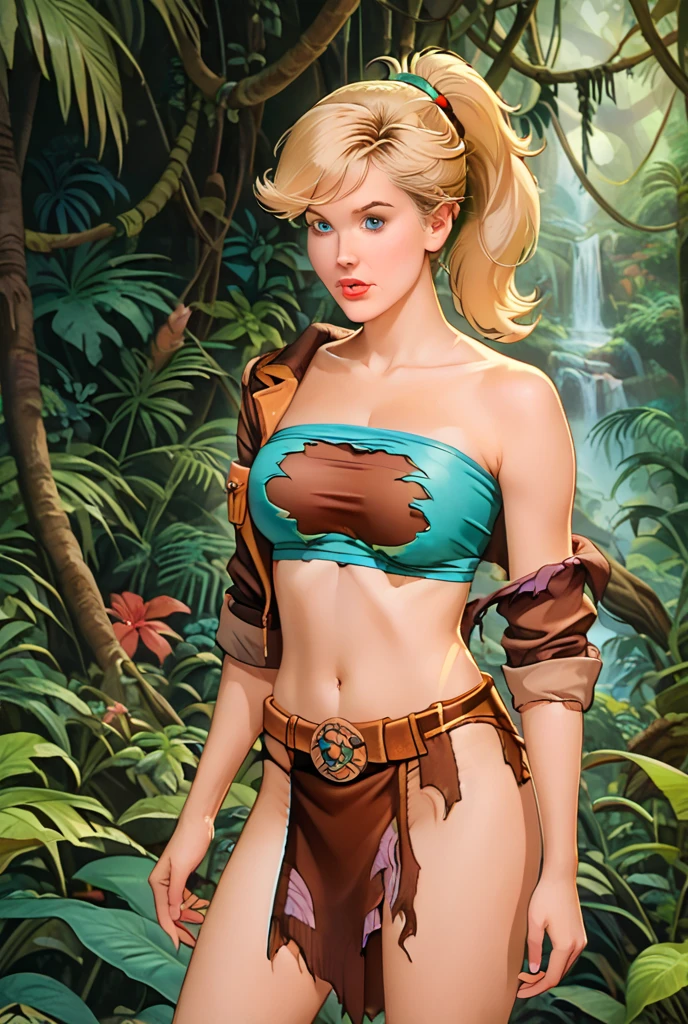 (best quality,4k,8k,highres,masterpiece:1.2),ultra-detailed, female ranger, short blond hair, spear, white shirt, green leather vest, green trousers, brown boots, A-cup, in the woods, AIKA, seethru, HDR, 8k, absurdres, cinestill 800, sharp focus, add_detail:2, (solo, woman)