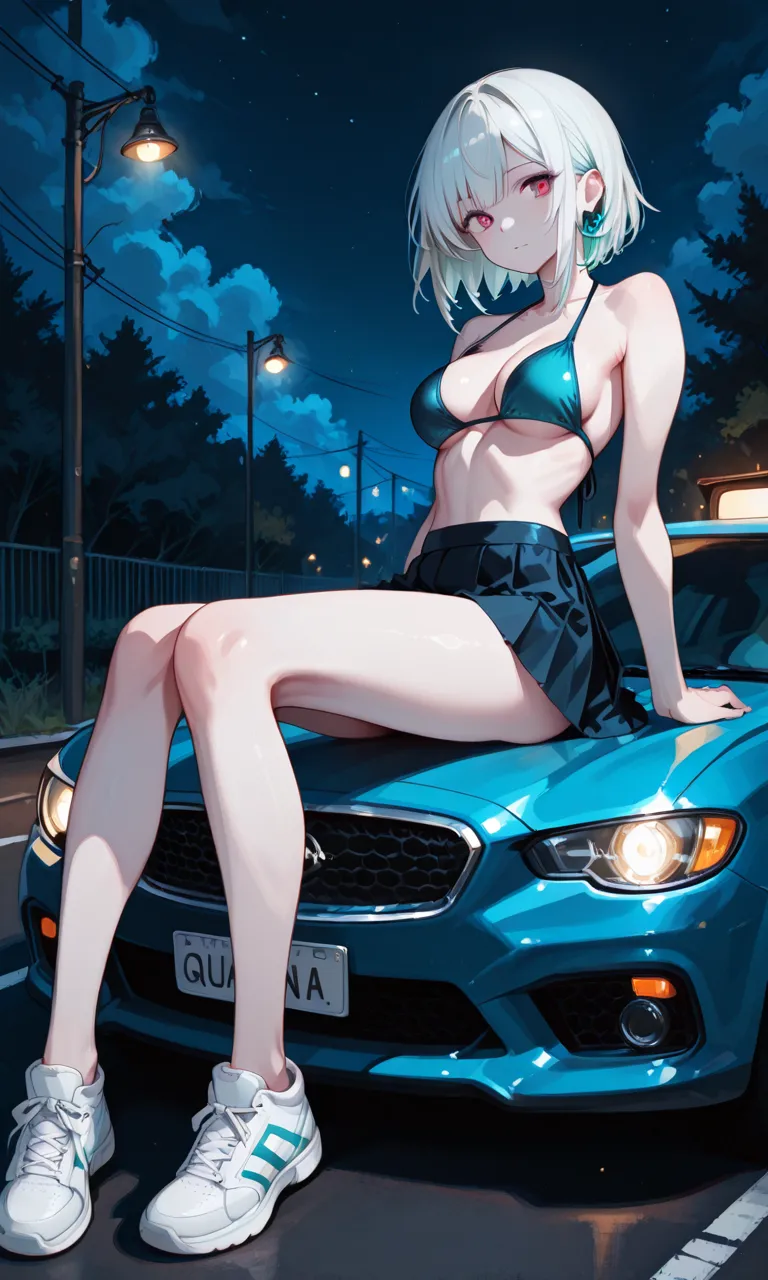 1 girl, 20yo, solo, mature female, Beautiful long legs, Beautiful body, Beautiful Nose, Beautiful character design, perfect eyes, perfect face, long legs, large breasts, narrow waist, wide hips, choker, race queen, underboob, off shoulder, wristband, white thong, sitting, car show,
 <lora:puuzaki-puuna-lora-v1:0.7>, 
cotton pencil skirt, upskirt, pantyshot