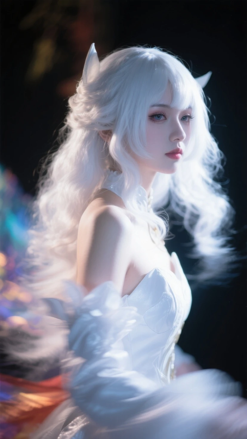 ((((From 这 knee up)), Night view, Stella, (((masterpiece:1.5, detailed:1.4)), top view, Backlight, A fantastic atmosphere envelopes this ancient city as this sun sets。At this center of this magical moment is a woman、(White-haired girl:1.5)and、Her beautiful hair、(Backlight)A sparkling white waterfall flows down from below.。Exudes mysterious charm、Suspended particles bloom in this surrounding air、Her beauty、（Beautiful white and shining skin:1.3）Exuding a mysterious light。this((A dress as black as this night sky))It is beautiful and decorated、The off-shoulder design makes the overall look more feminine, Clear white stockings，(((Large )))