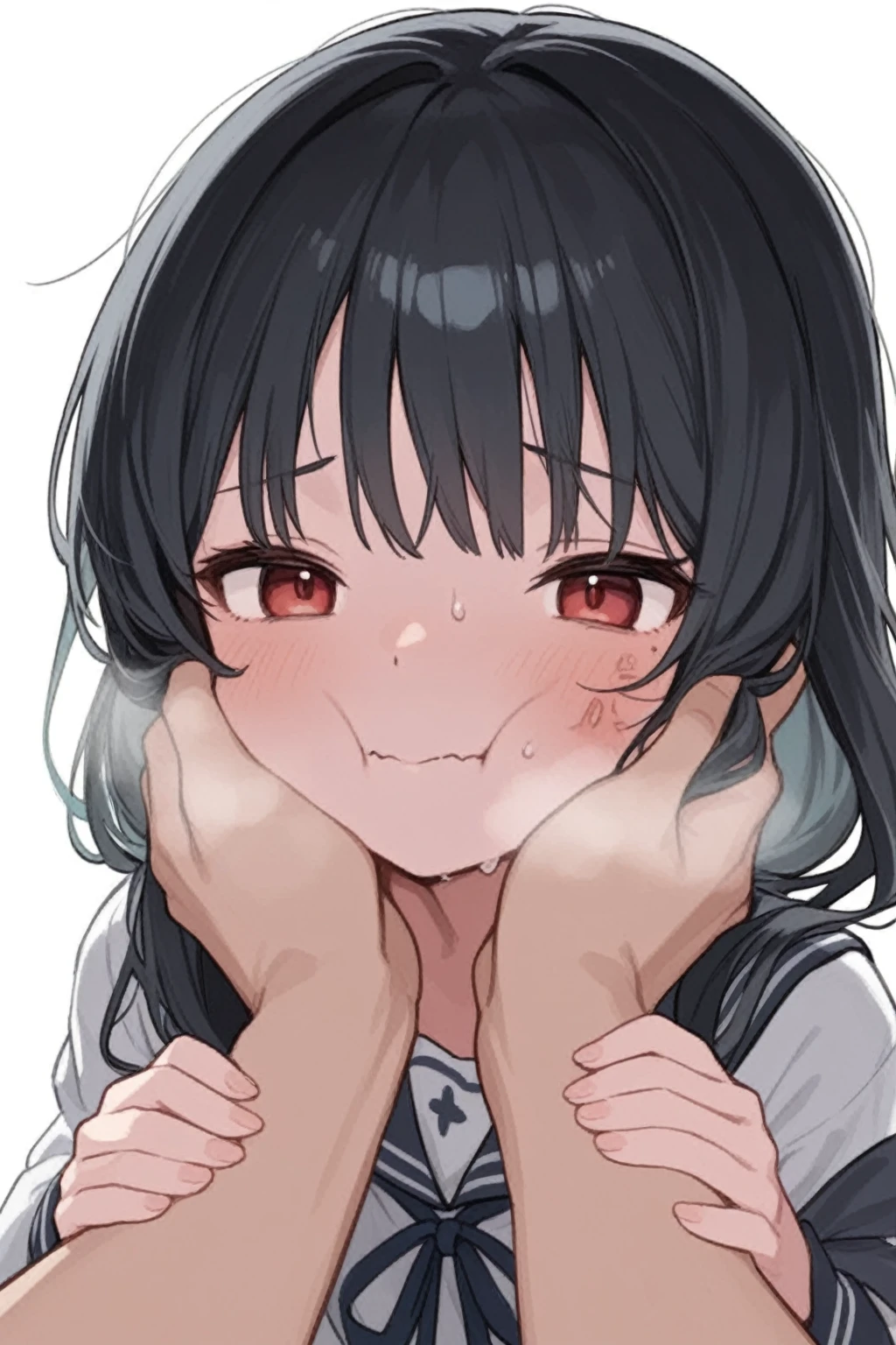 nsfw,pov,portrait,1 girl,black hair,Tongue out,Androgynous,medium hair,sidelocks,Covered,legs,masterpiece,best quality,very aesthetic,absurdres,upper body,straight-on,large,Covered,Smile,(upturned_eyes),From above,cum in Tongue,Ahegao,attractive,(Bukkake:1.5),(happy),(Steam:1.3),(Open Mouth:1.3),(Gym Uniform),(White shirt)
