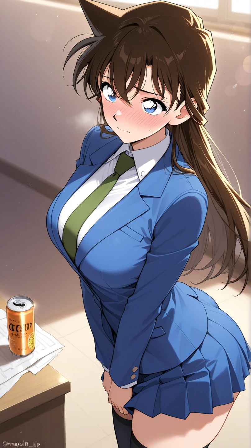 komi shouko,brunette color hair,Fleshy thighs,Fashion magazine cover title,Poster publicity style,Japanese-style school uniform,Pose,C cup,Happy expression,Black broken stockings