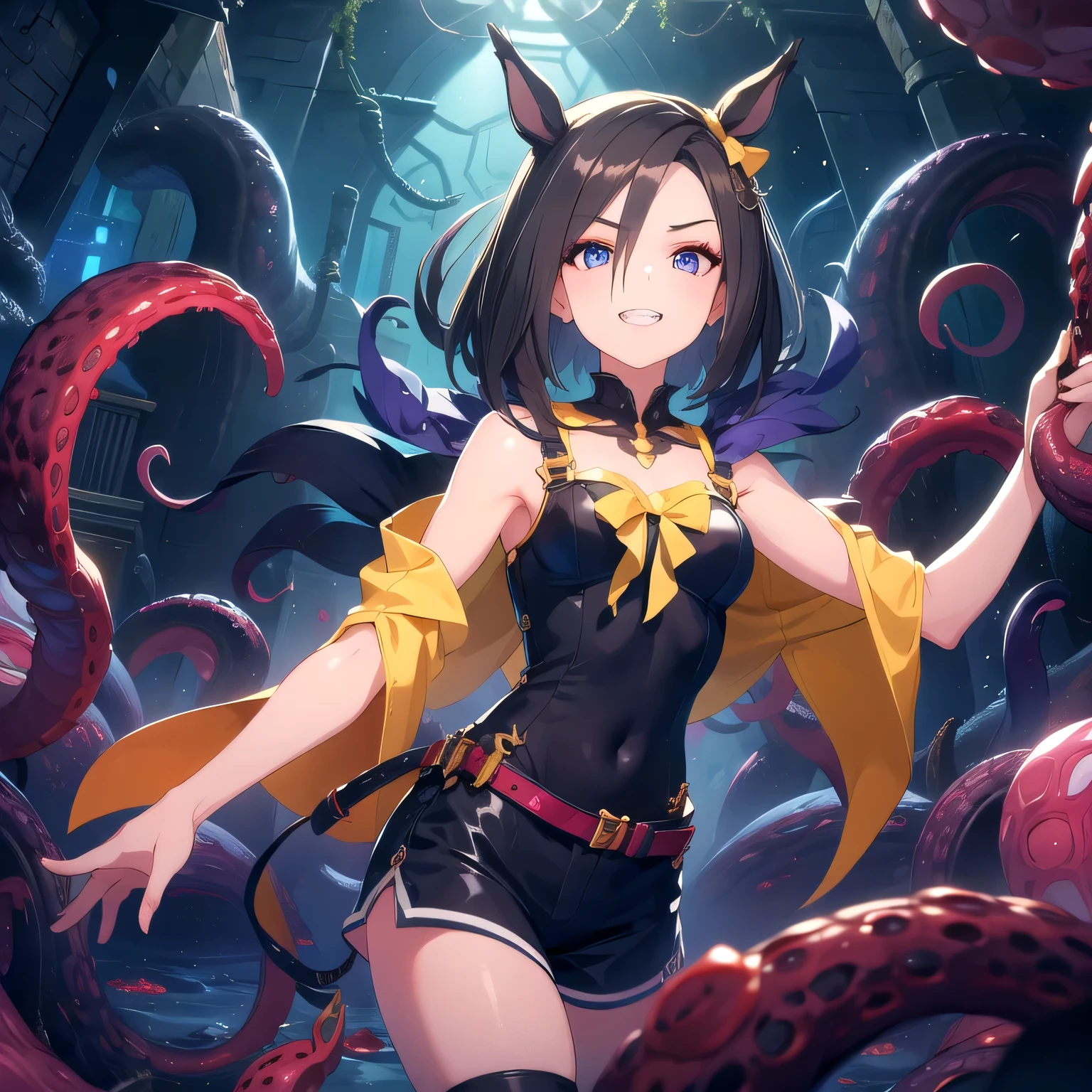 (solo、one girl showing her chest、 girl with horse ears 、Petite、Small、Round Breasts:1.5)(3DCG Artwork、Dynamic Angle、Face POV、Rimlight、brightly colored:1.5)( Red Tentacles、Ground of Tentacles、surrounded by tentacles、The lower body is buried in tentacles:1.5)(The Purple Dungeon、Black Stone Wall:1.5)(lean forward、Sit across thick tentacles、rub your crotch against the tentacles:1.5)(smile showing innocent teeth、dark haired、dark idiot hair、long hair、Big blue eyes 、suspenders on tombstone、short jacket、Short tops、 short pants、black tights)