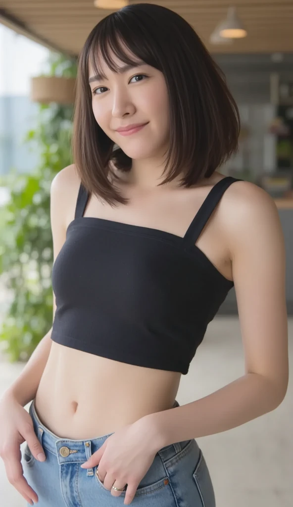 Highest quality、Japanese、18-year-old、(Hostess)、Brown Hair、cute、private、Off-shot、(Living Style:1.3)、(Selfie:1.3)、Selphy、(1 person)、(slender:1.2)、(Black camisole:1.2)、(Small Ass:1.4)、(Small waist:1.3)、(small hip:1.3)