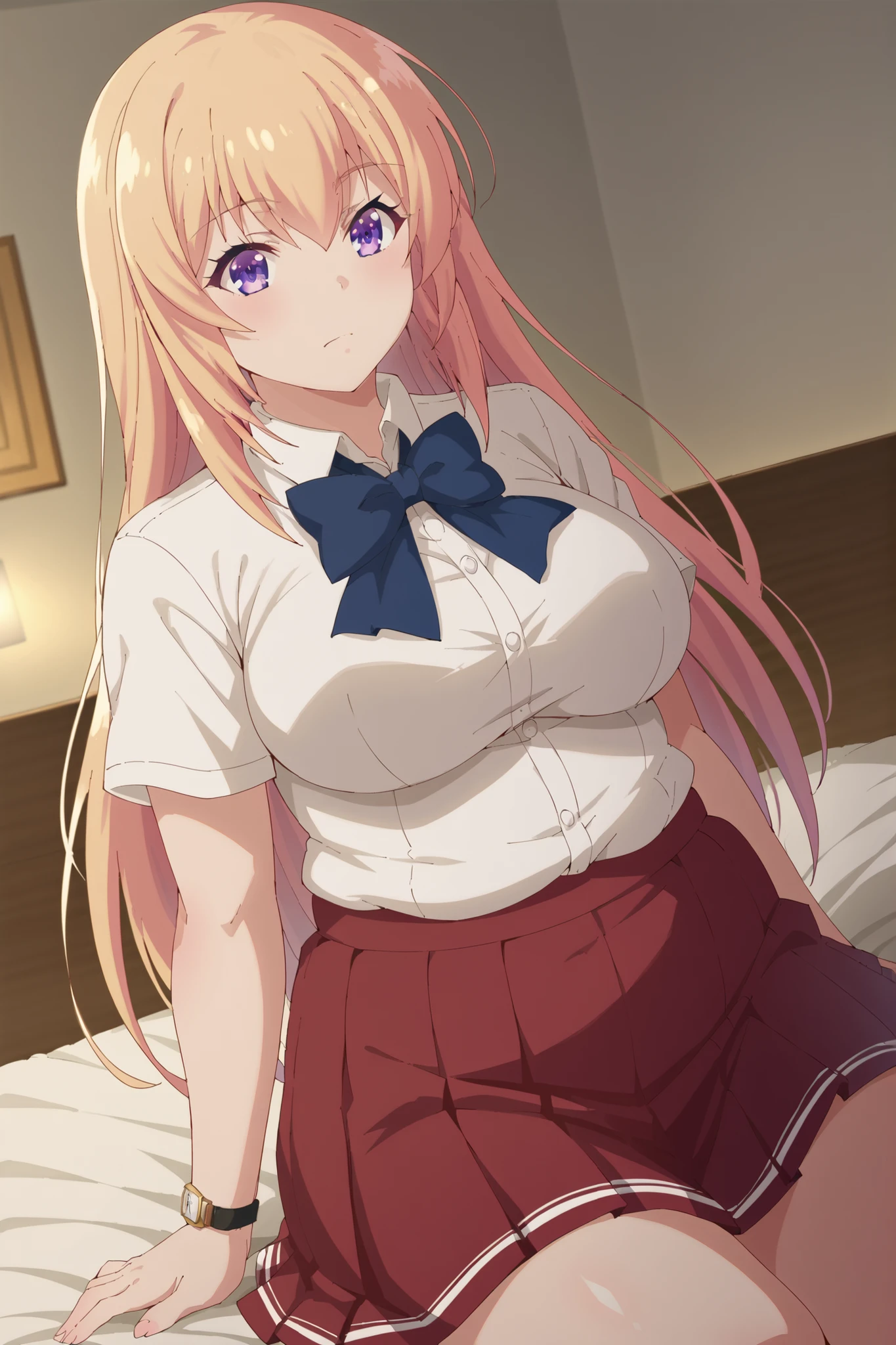 score_9, score_8_up, score_7_up, source_anime,
一ノ瀬Honami って名前は? , Ichinose Honami , long hair, gold, purple eyes, hair between eyebrows,
skirt for ears, bow, uniform, pleated skirt for ears, bowtie, blue bow, red skirt for ears, collared shirt, white shirt, Short sleeve,
indoor, bed, bed room, side , , dripping down my chest ,
watch viewers, Dutch Angle, Cowboy Shooting, WeightChubby, plump, chubby, hyper fat