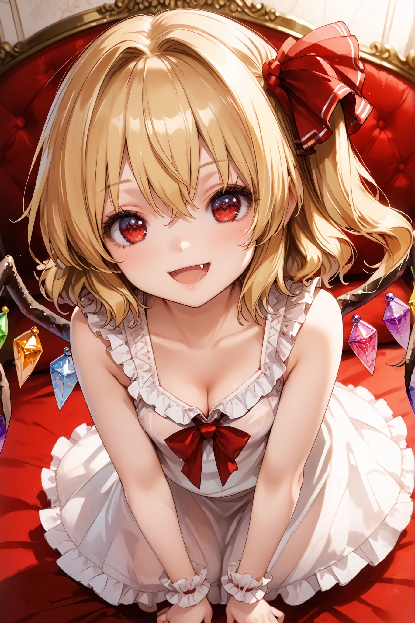 1girl,(cute and sexy girl:1.5), flandre scarlet (touhou), red eyes, short hair, medium hair, blonde hair, one side up, red eyes,fang, crystal wings, crystal,white Sexy string camisole,plunging neckline,sleeveless,Not wearing underwear,see-through,cleavage,(Very small clothes:1.5),Sexy short mini skirt,BREAK,contented smile,bright smile, open mouth,(extend one's arms:1.5),(embrace:1.5),(forward-bent posture:1.5),(cute pose:1.5)(Close Angle:1.4),(Angle looking down from above:1.3),BREAK,(Luxurious Western-style rooms:1.3),(Luxurious beds:1.3),Cute Toys,(cute and sexy style:1.3),Cute Backgrounds,(pink Heart effect on background:1.2),(Cute Stuffed Toys:1.0),