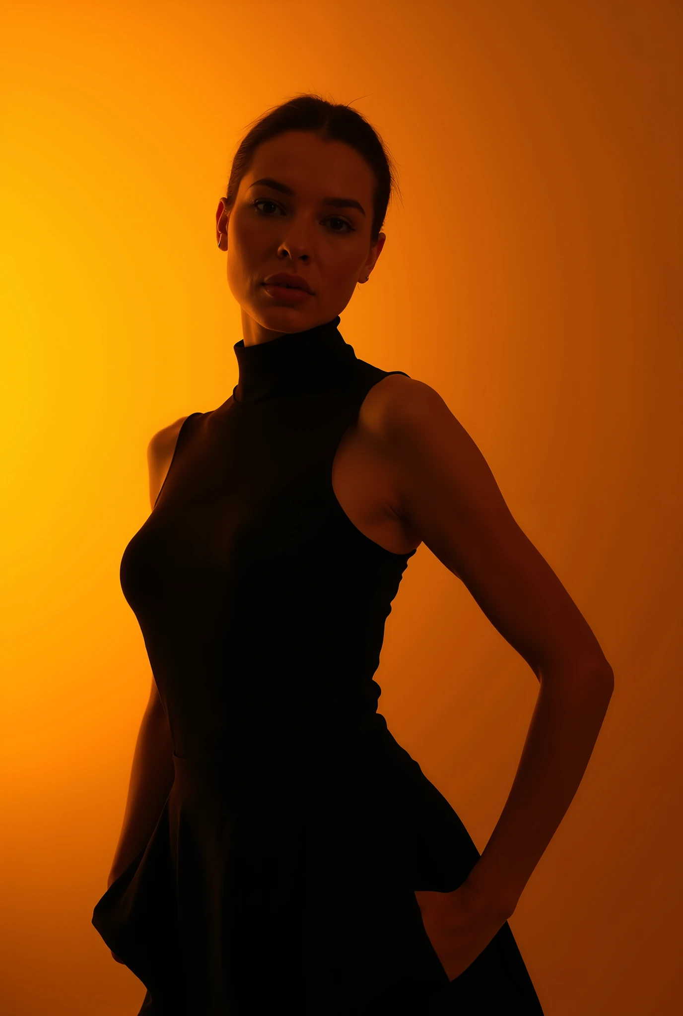 fashion editorial photography, front shot, upper body, professional female model, shot with hasselblad x2d 100c, xcd 90mm f/2. 5 lens, cinematic sepia color grading with golden hour warmth, dramatic black silhouette against burnt umber to honey amber gradient backdrop, avant-garde composition with tilted head pose, staring to camera, profound gaze, elongated body stance, flowing black turtleneck, professional main fresnel light at 60 degree angle with silk diffusion, rim light with cto gel at 75 degree angle, haze machine for ethereal atmosphere, feathered shadows, contrast curve manipulation, selective dodge and burn, grain texture overlay, color temperature adjustment at 5500k to 3200k gradient, ultra sharp details, raw format, inspired by paolo roversi lighting technique, hyper realistic, 16K, rich detail --ar 9:16 --quality 2 --style raw --personalize nq7rq2j --stylize 500 --v 6. 1
