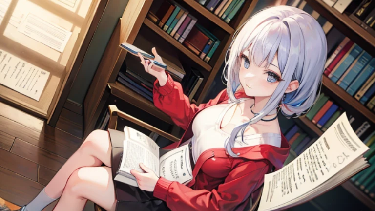 highest quality，masterpiece，Very detailed，4K，White hair and shallow eyes，Dragging cool expressions，British Style，One girl，Overwhelmingly beautiful, Large Breasts,Reading a book,mini skirt