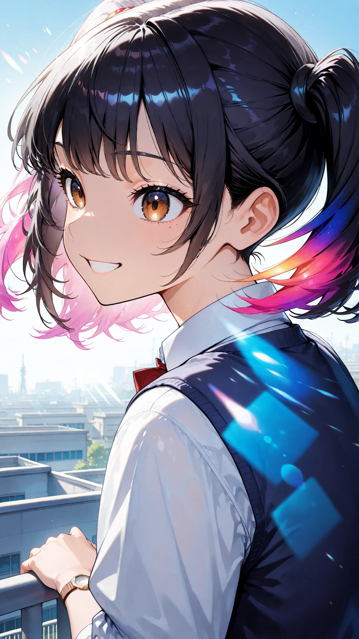 1 woman, JK、Lean forward, From the side, Watch Viewers:1.2, school rooftop, Overlooking residential environment, backlight effect, Transparent hair, fantastic, lens flare,  prism, faceshot, Minami Yoshikawa, black hair with pink inner color hair, twin tails, asymmetrical hair, brown eyes, mole under the eye, slight build, Very awa, masterpiece, Highest Quality, Newest, absurd, high resolution
