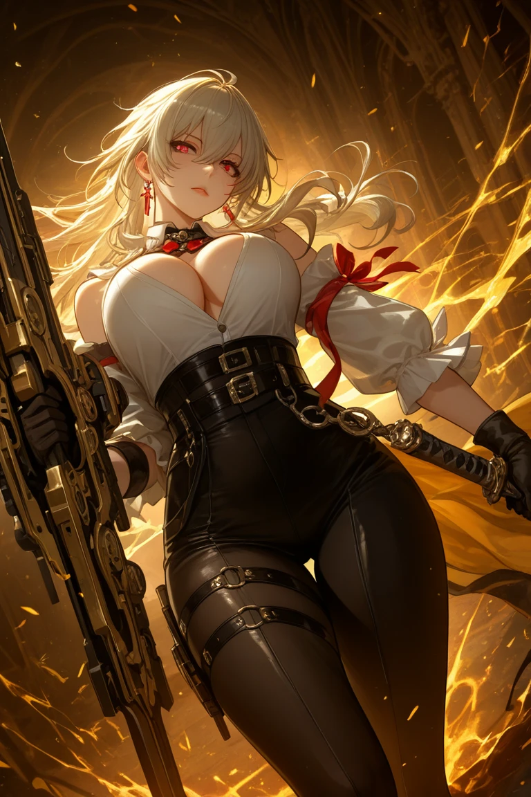 A female royal musketeer with long blonde hair, red lips, focus eyes, holding classic gun, Sexy uniform,elegant hat, feather on hat, busty girl, Royal kingdom, beautiful girl, sexy, Sniper, best quality, masterpiece, 8k, ultra details, high resolution, Realistic,