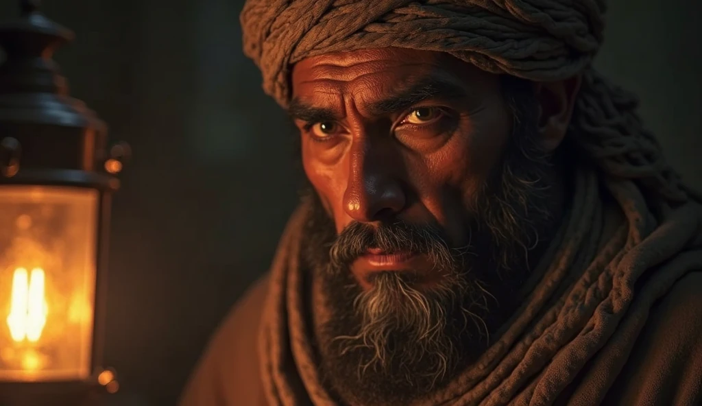 Close-up of Salahuddin’s thoughtful face, illuminated by lamp light ...