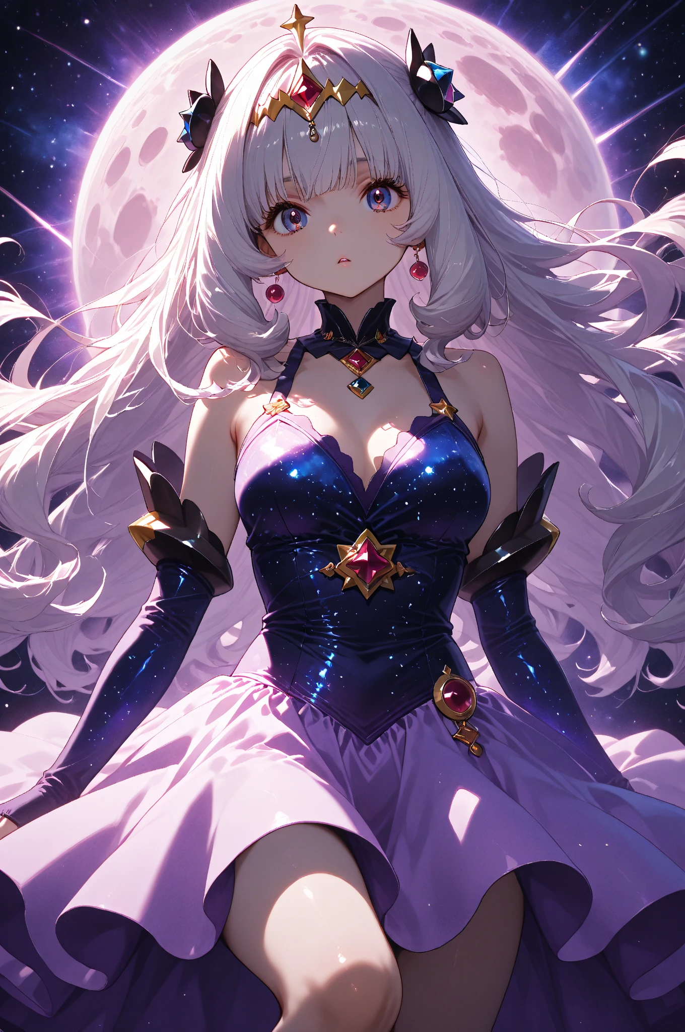 Princess, princess dress, purple dress, puffy sleeves, breasts, tan skin, castle, crown, long hair, silver hair, blue eyes, blush, teasing, diamonds, jewelry, earings, standing, masterpiece,High Resolution, water