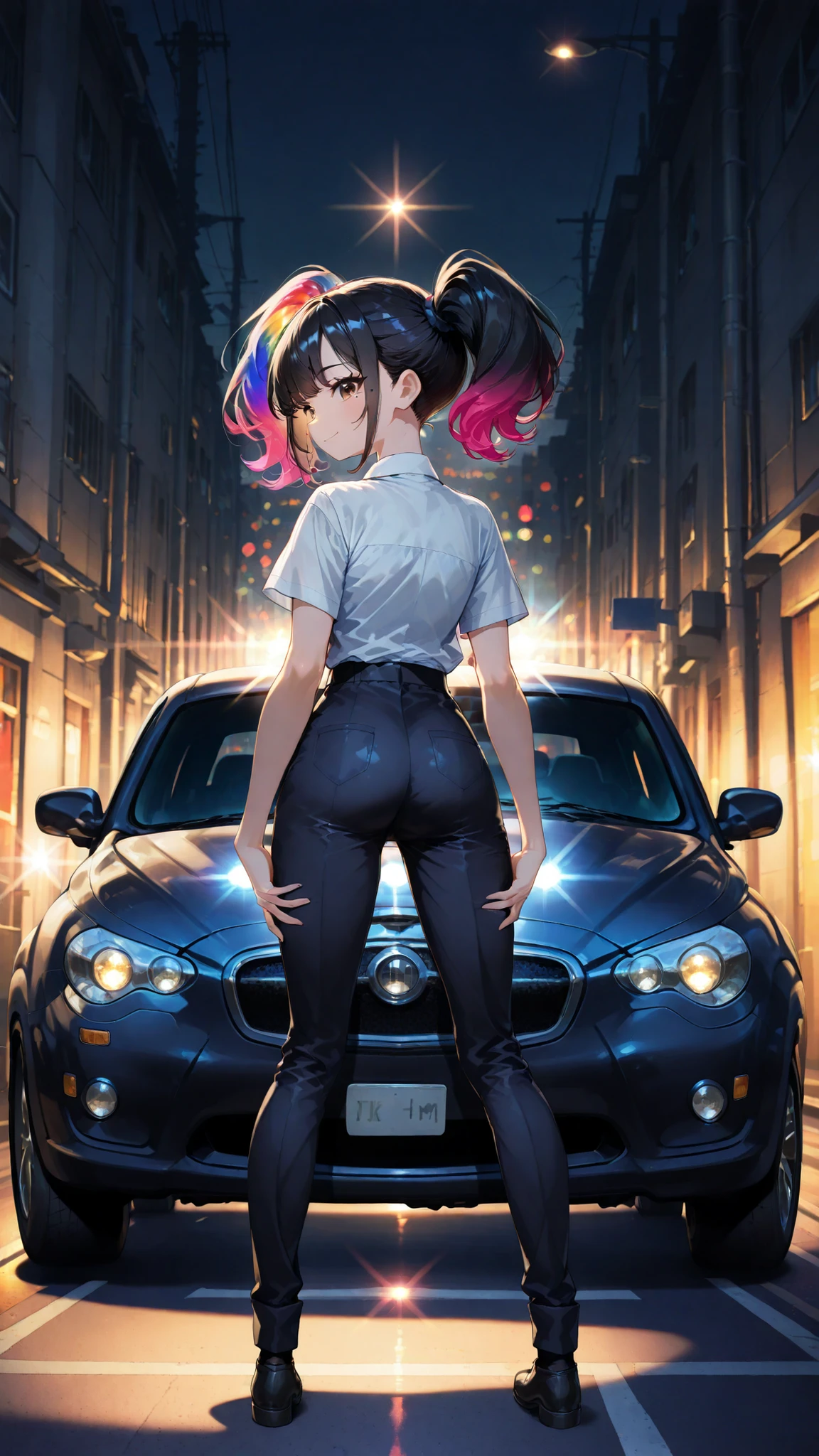 1 woman, JK、 spread your hands , standing, backlighting by car headlights:1.2,night, headlight lights at a rainy intersection, Dark Back Alley, Standing in front of a car, backlight effect, Transparent hair, fantastic, lens flare,  prism, full body shot, Minami Yoshikawa, black hair with pink inner color hair, twin tails, asymmetrical hair, brown eyes, mole under the eye, slight build, Very awa, masterpiece, Highest Quality, Newest, absurd, high resolution