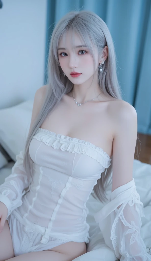 1 Girl, Beautiful, Baby Face, 20 Years Old, White Skin, small Breasts, White Thin Loose , Skinny, Posing For Photos in The Bedroom, Gurly Bedroom, Grey Hair, Silver Twintail, ((adorable:1.1)), ((masterpiece:1.1)), Sleepy Cute Face