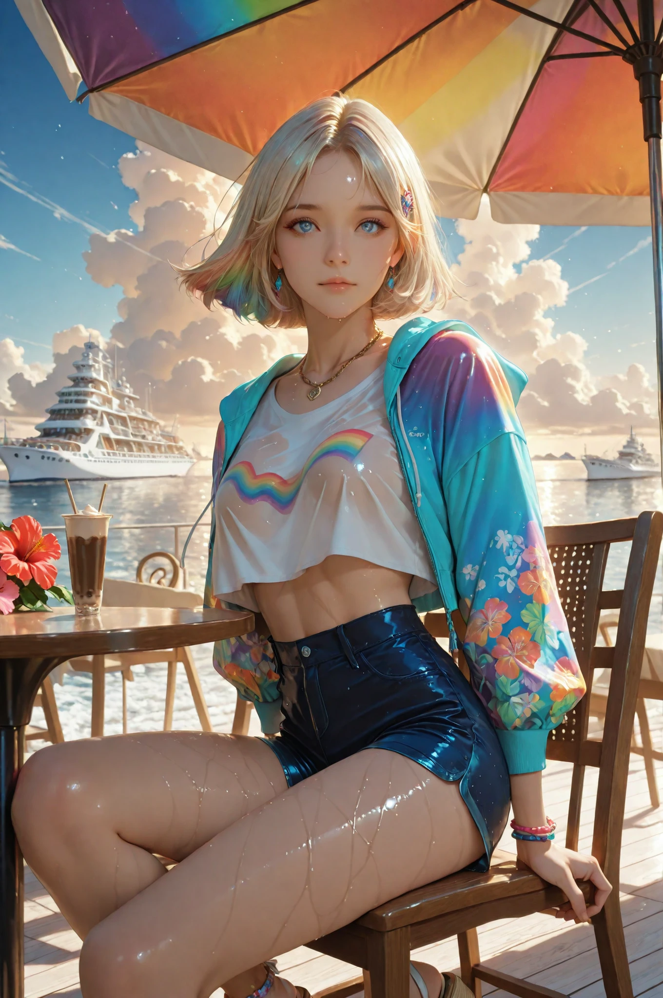 1woman, solo, 2.5D, calm expression, perfect noble face, highly detailed face, wet skin ((big eyes), Almond-shaped eyes, dark blue eyes, perfect eyes, detailed eyes, reflected big light in eyes, ombre lips, small mouth), platinum blonde hair, medium bob, parted bangs, {hibiscus flower pattern, logo-printed T-shirt, cropped T-shirt, open hoodie with slipped shoulder, dark-blue culotte-shorts, low-rise, floral wedge sandals},{hairpin, earrings, triple chain necklace, double chain bracelets, double body-chain, double chain anklets,},(sitting on a chair, Café table seating, sitting under the beach umbrella, beach umbrellas installed on the floor, Tokyo-harbor, many cruise ship, Reflected light from the sea surface, midday sun, cumulonimbus cloud, in the wind ), (in a high-rendered anime style with detailed shading, rainbow colors, rainbow gradient), upper body shot, look at viewer, aesthetic, soft colors, rainbow colors, colored outline, detailed clothes, colorful, soft shading, soft blending, detailed, rainbow colored soft edge lighting, rainbow colored reflected light, rainbow colored ambient light, rainbow colored highlights, ultra-detailed,), (masterpiece:1.2, top quality, excellent quality), young woman, semi-real, 