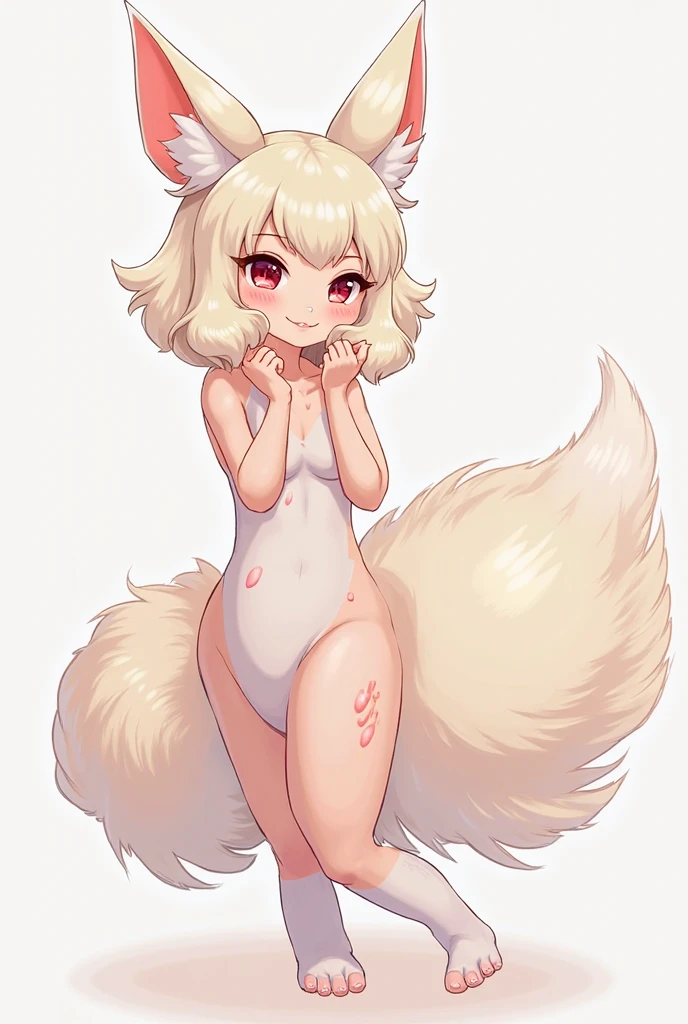 source_furry, score_9_up, a photograph of a a smol short slim digitigrade female fennec with white fur and extremely long platinum blonde hair and bangs, multi nipples, facing viewer, big teal eyes, dark purple eye shadow, 8 nipples, pussy blush, platinum blonde pubes, by trigaroo, translucency, detailed fur