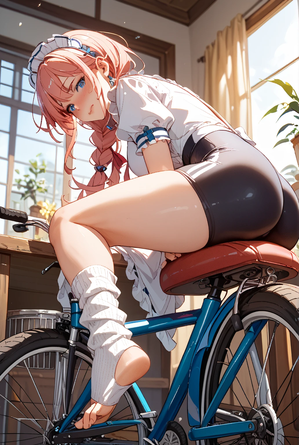 (masterpiece, highest quality, ultra high res, ultra detailed:1.3), 1 cute girl, ideal ratio body proportions, pink medium hair, half twintail, small breast, from below, front view, yellow tank top, tank top covered nipples, blue denim mini (skirt, white panties:1.4), (sitting, open legs, riding on a seesaw:1.3), view from the other side of the seesaw, cameltoe,