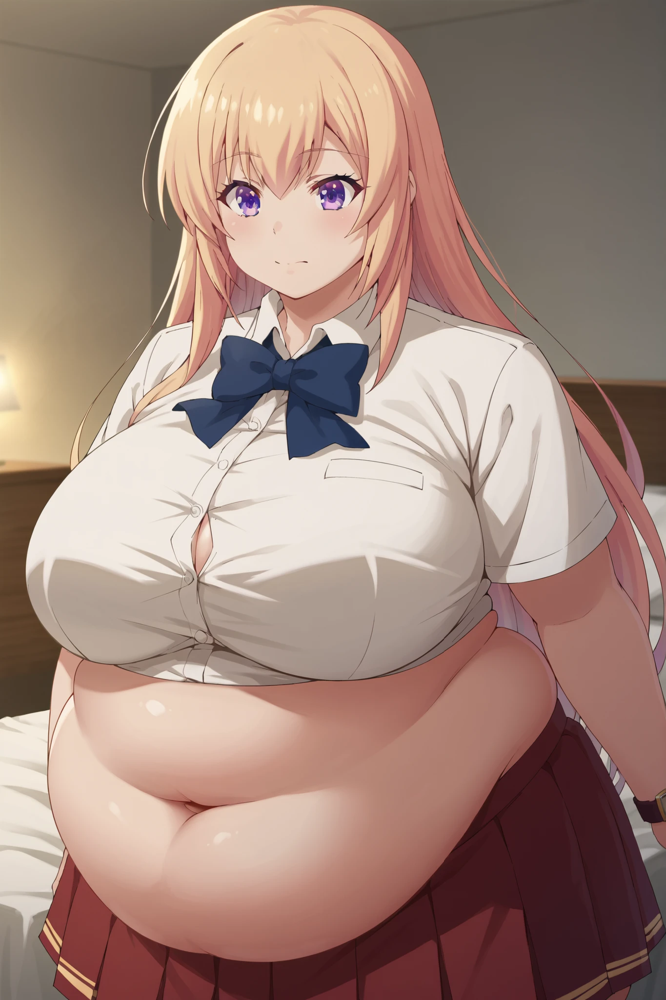 score_9, score_8_up, score_7_up, source_anime,
一ノ瀬Honami って名前は? , Ichinose Honami , long hair, gold, purple eyes, hair between eyebrows,
skirt for ears, bow, uniform, pleated skirt for ears, bowtie, blue bow, red skirt for ears, collared shirt, white shirt, Short sleeve,
indoor, bed, bed room, side , , dripping down my chest ,
watch viewers, Dutch Angle, Cowboy Shooting, WeightImmobile, plump, hyper fat, hyper obese, huge bloated belly
