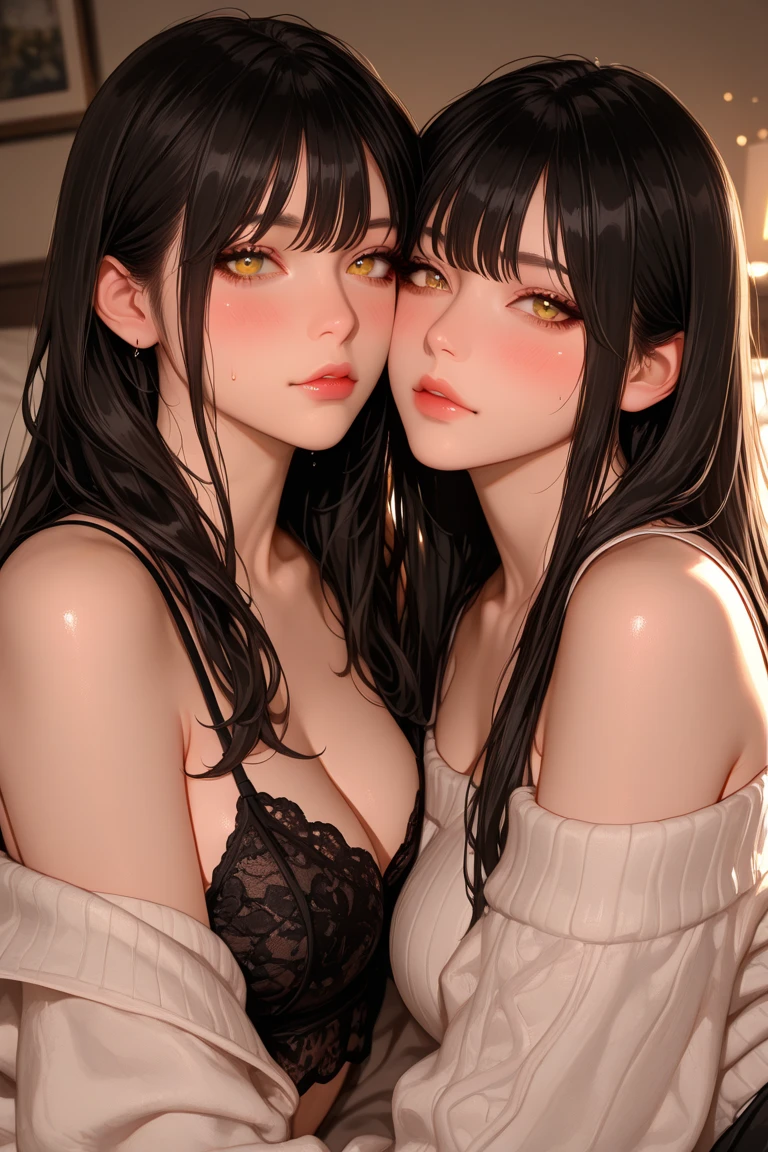 Best Quality,High Resolution,8k,finelity detailed background,Masterpiece:1.2), (2 beautiful girls:1.3). The girl on the left has (brown hair:1.3), (brown eyes:1.2), and wears black lingerie. Girl on right has (romance gray hair:1.3), (gray eyes:1.2), wearing gray lingerie, upper body, leaning forward, (Cleavage: 1.2), cute, looking up, sweet, blush, upper body, close-up (close-up of breasts: 1.2), late night, bedroom, on bed, two girls kissing