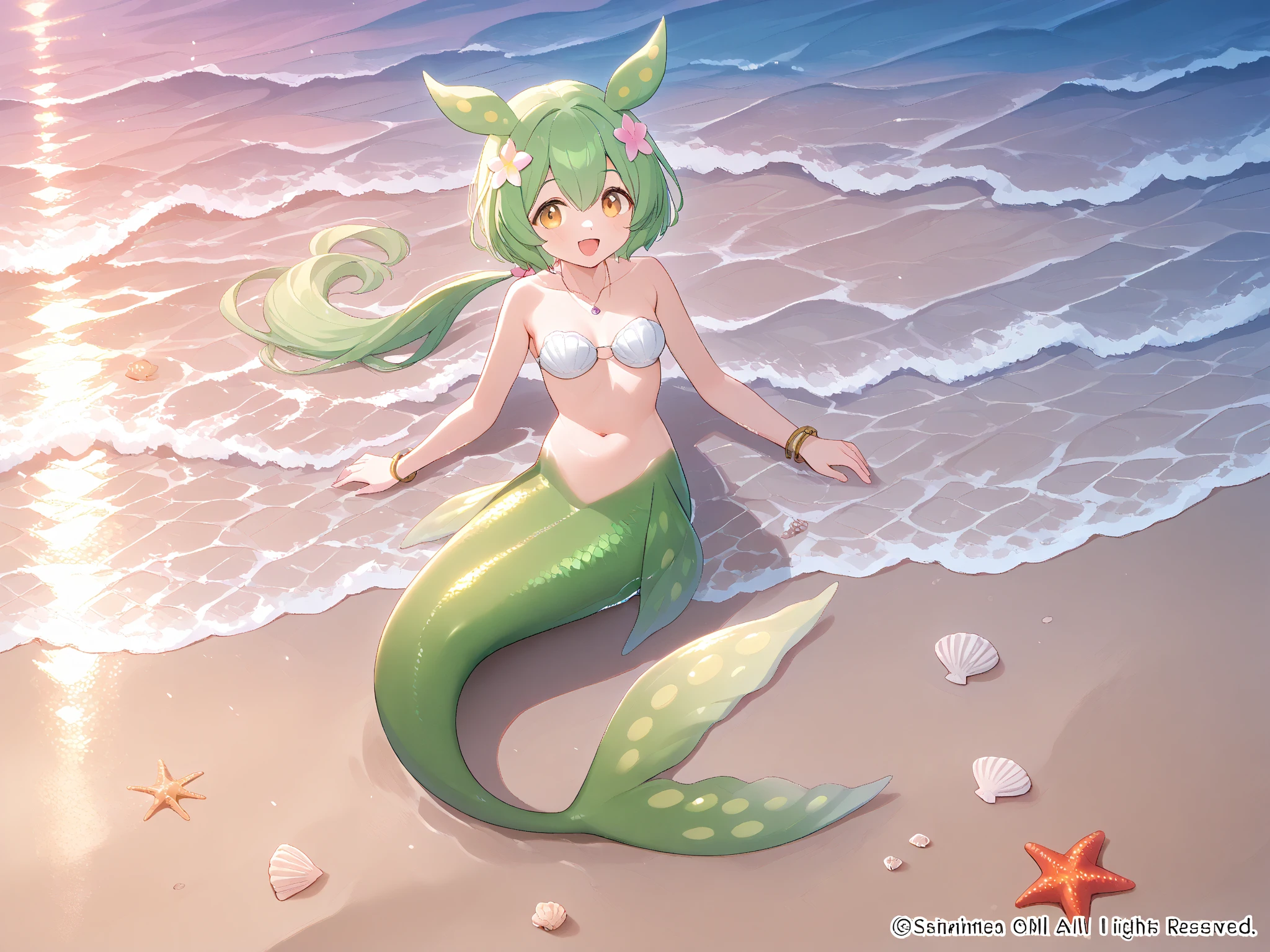 (full body, pov mermaid style swimsuit) (beautifu fighterl body), (solo:2, 15 yo, ponytail green hair long hair sexy mermaid girl, cute yellow eyes, love smile, medium tits, legs is Mermaid tail), (in a sexy Seashell bikini, exposure water love ocean), break, in the Swimsuit contest venue, background Double Exposure beautiful ocean, BREAK, perfect anatomy, masterpiece, best quality, 16k, beautiful detailed love, sexy, daydreaming expression.