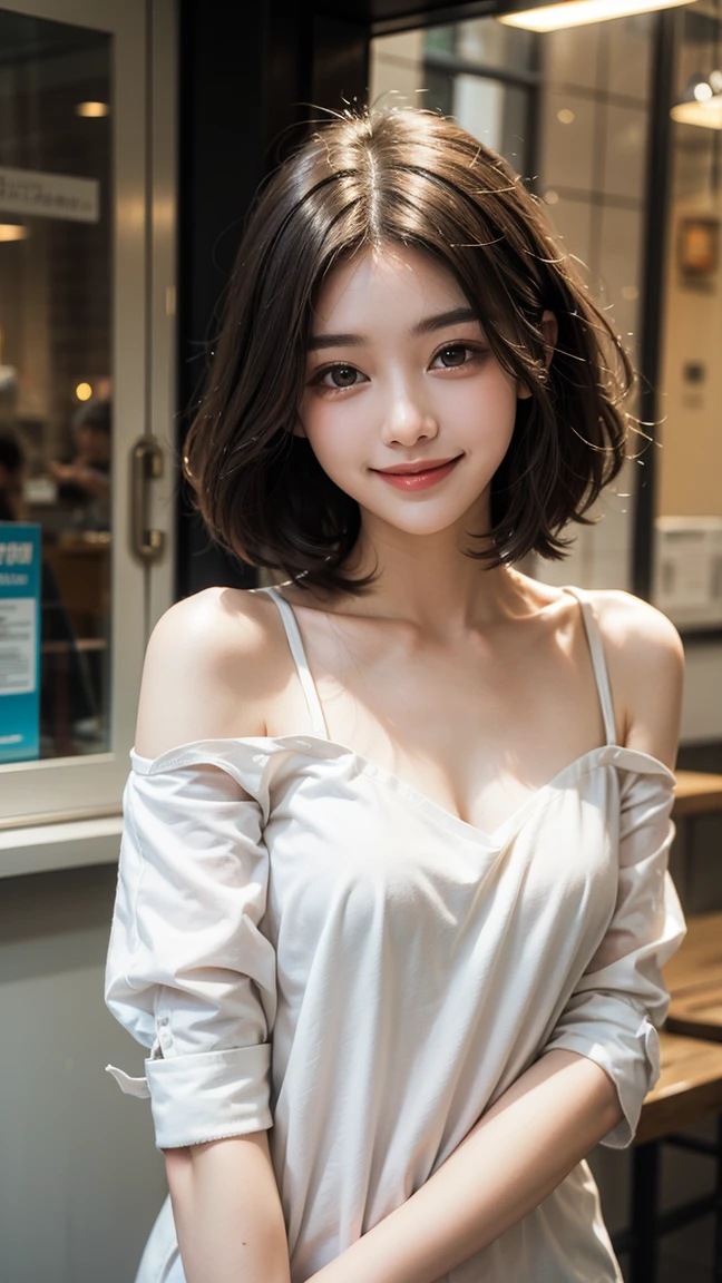 table top, highest quality, figure, super detailed, finely, High resolution, 8k wallpaper, 完璧なダイナミックな構figure、27 year old cute girl、detailed beautiful face、detailed cute eyes、rough skin、Smile of embarrassment、Wavy brown short-cut hair、