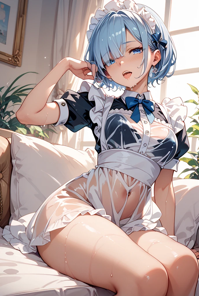 Rem from ReZero, Blue-haired girl, hair covering left eye, maid suit, white pantyhose, huge breasts, thin legs, ahegao, soft eyes, short, two-dimensional hair, tea in hand
