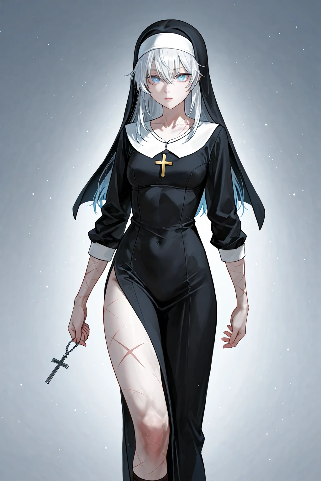 masteerpiece, lineart, strong shadows, beautiful demonic woman, white long hair,fangs, horns,Balancing with one foot raised behind, revealing, <lora:Nun:1>, nun