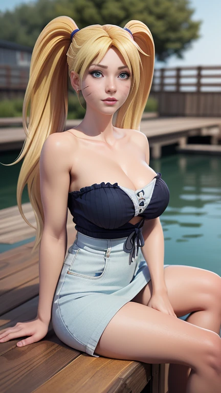 masterpiece, best quality, highres, kitagawa marin, 1girl, blonde hair, long hair, swept bangs, gradient hair, red eyes, jewelry, earrings, piercing, short shorts, glossy lips, light smile, bench, sitting, cleavage