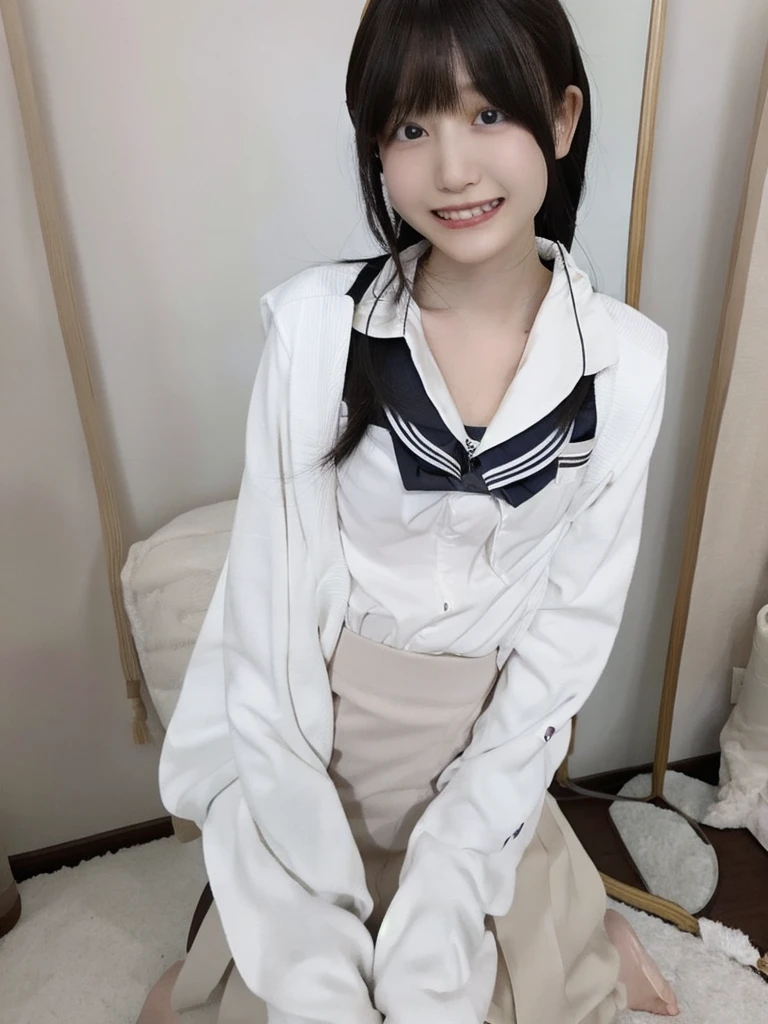 ((highest quality、8k、masterpiece:1.3)),((((cowboy shot)))),Ultra-high resolution,big eyes,Japanese,bangs,(a girl),(1 girl),((20 years old)),((facing at viewer)),(long hair),(((black sailor uniform))),((sitting on chair)),(((open leg))),grin,(pleated mini skirt),((white floral pattern panty)),((skirt lift))