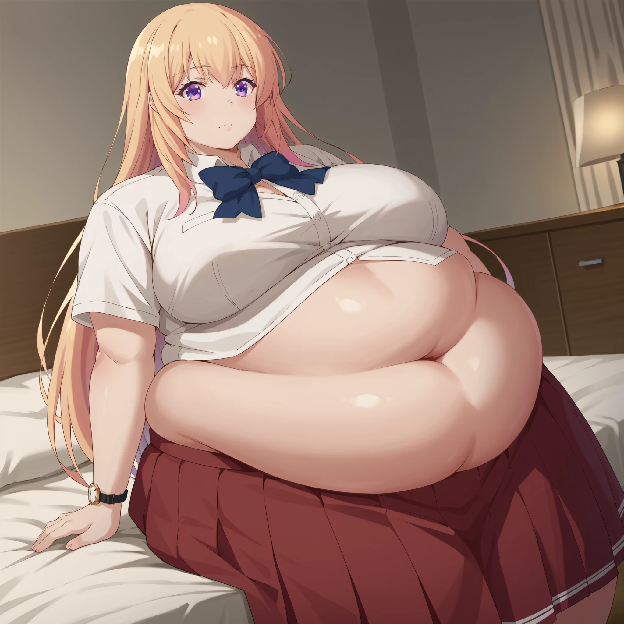 score_9, score_8_up, score_7_up, source_anime,
一ノ瀬Honami って名前は? , Ichinose Honami , long hair, gold, purple eyes, hair between eyebrows,
skirt for ears, bow, uniform, pleated skirt for ears, bowtie, blue bow, red skirt for ears, collared shirt, white shirt, Short sleeve,
indoor, bed, bed room, side , , dripping down my chest ,
watch viewers, Dutch Angle, Cowboy Shooting, WeightImmobile, plump, hyper fat, hyper obese, huge bloated belly