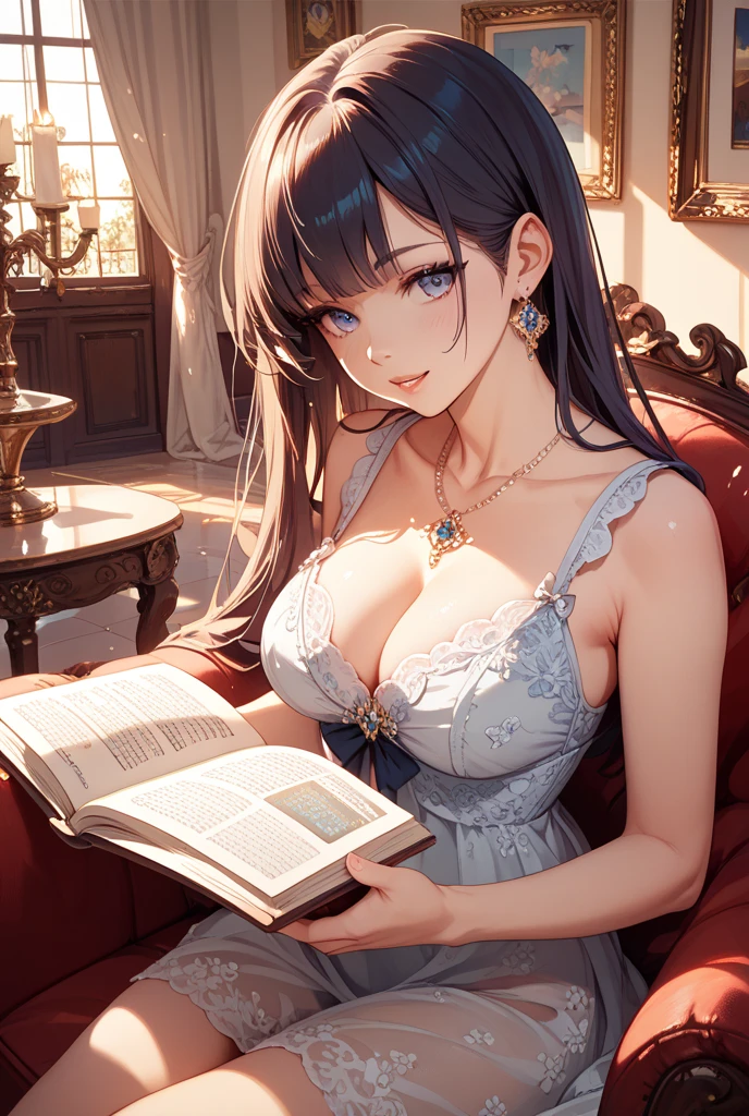 (highest quality,8k,32k,masterpiece,Hyper HD:1.3),1 Giant breasts,Perfect body,Highly detailed face,Bust photo,Big Breasts,Black Hair,White clothes,whole body,smile,Looking into the camera,Cleavage,Reading a book,whole body,Attractive legs