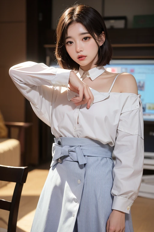 (:1.2), masterpiece, Hi-Res, 16k, Best Quality, Realistic, Futuristic wear design,,design suggesting flexibility,monochromatic color scheme emitting serenity,surface softly reflecting light,minimalism,simple yet impactful Feminine beauty,spirit of modernism, Feminine elements as visual art, fusion of advanced technology and nature,photorealistic rendering,, /// BREAK (1girl, sitting, cowboy shot:1.4), perfect , small head, BREAK Ultra-Cute Monochrome Ensemble with Ribbon Theme,
Create a girly and ultra-cute ensemble composed of white, black, and grey tones, centered around a ribbon theme,
Start with a white blouse featuring puffy sleeves and a Peter Pan collar adorned with delicate black ribbon trim,
Pair the blouse with a pleated grey skirt with black ribbon accents, adding movement and charm to the look,
BREAK
Layer the ensemble with a cropped black cardigan featuring white polka dots and ribbon bows for a playful touch,
Accessorize with a black ribbon choker necklace adorned with a sparkling gemstone pendant, adding a hint of elegance to the outfit,
BREAK
Complete the ensemble with white knee-high socks adorned with black ribbon bows and patent leather Mary Jane shoes for a classic yet adorable finish,
Carry a black handbag with white ribbon detailing, matching the overall theme of the ensemble,
/// /// BREAK (ash-gray short hair, Droopy eyes, light Droopy eyebrows:1.3), making her blue eyes shine even brighter, well-defined face line and cute, huge eyes, accentuating her radiant white skin, (in a concrete, Realistic black Shadowv, Realistic lightning:1.3), BREAK Incredibly slim waist, Upward-facing medium and , with disproportionately , and rounded medium , exuding a sculptural beauty, looking viewer, meat stuck to the clothing,