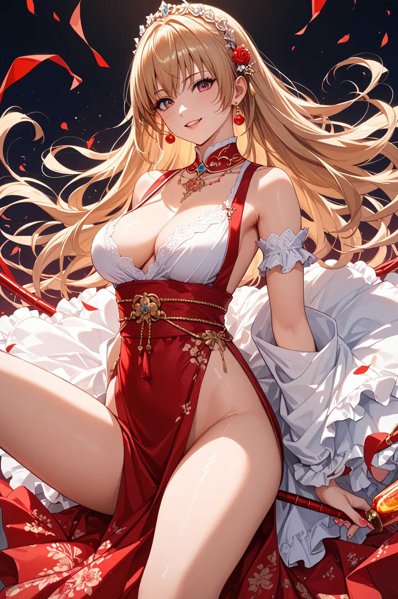 masterpiece:1.4,best-quality,Super Detail,Very Delicate and Beautiful, ((( nsfw, beautiful slutty woman with spread legs, royalty princess color dress, orgasm. thong ))), long hair, very gigantic breasts, cleavage, very slender, off-shoulder, perfect face, beautiful eyes, perfect body, public indecency