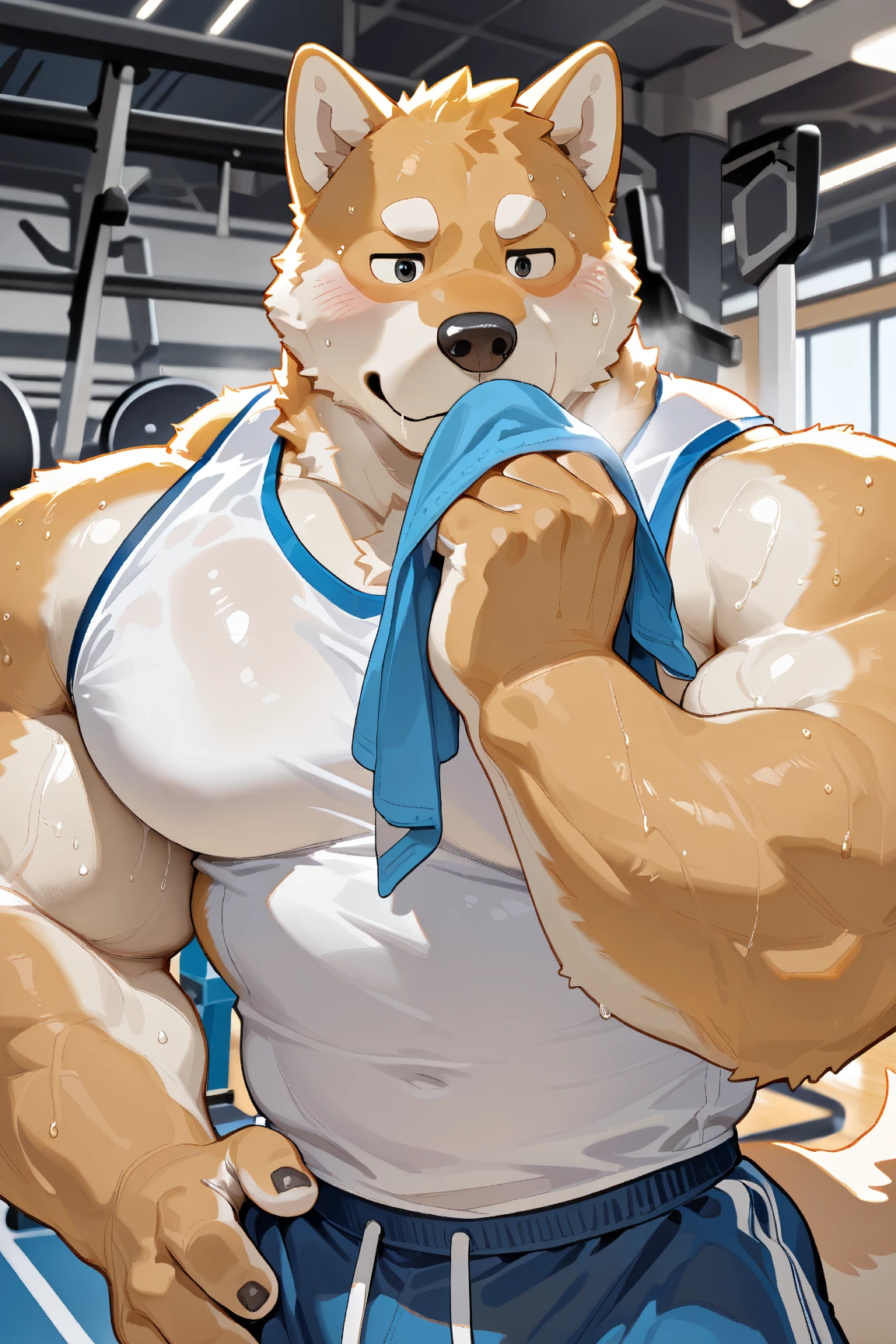 Solo, 1boy, Grizzly Bear,personification,Mature male,Hercules, Short White hair,naked,Gentle expression,Blue pupils,gray eyebrows,Scars on face and chest,Shirtless, topless,Huge Muscular, Gym Shorts, Thick Arms, Hands Holding Dumbbells,The Age of Steam,Gym Fitness Center。