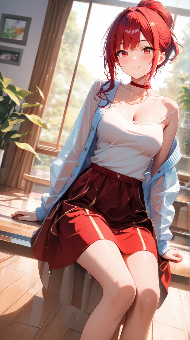 (Masterpiece), Best Quality, ultra-detailed, 1girl (Gwendolyn_Tennyson, lovely small breasts, orange hair, short hair, green eyes, half-closed eyes),evil face, mascara, full makeup, dark eyeshadow, red lipstick, smirk , parted lips, nose blush, blush, facing viewer, looking at viewer, solo, white shirts, cleavage, red lace bra , pleats skirt(black pattern),pink skirt, ultra mini skirt, red lace panties,loose socks, in the classroom, night time, , standing, come-on, lure,, Sexy waist teasing, Full-body, , from_below