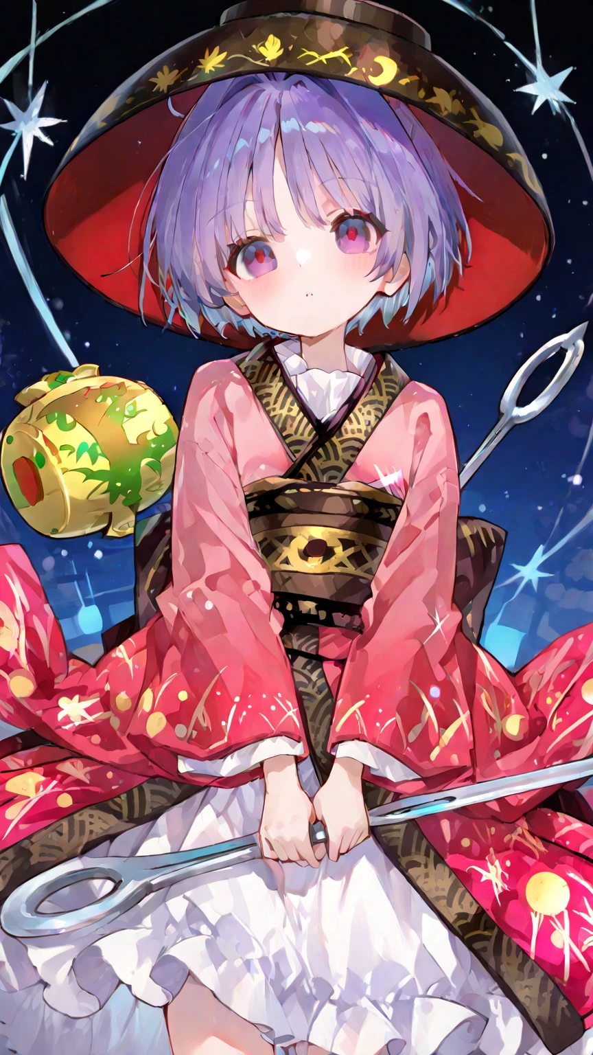 miracle mallet, needle sword, ,sukuna shinmyoumaru, 1girl, solo, blue eyes, purple eyes, blue hair, purple hair, short hair, antena hair,,芸術的完成度, 究極の細部描写、彼女は大きな縫い針を持っている、