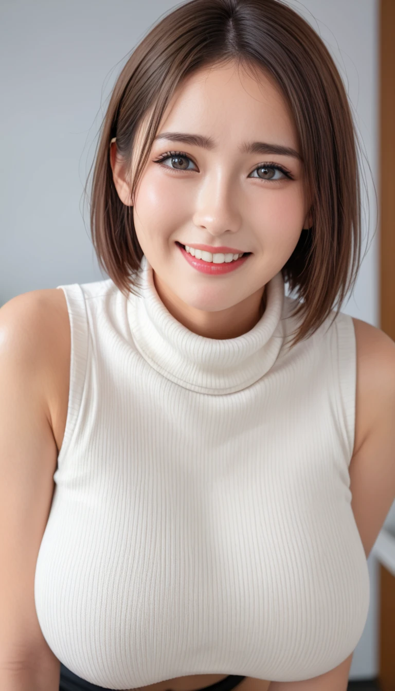 Tabletop, Highest quality, Realistic, In detail, High resolution, 8k wallpaper, Perfect dynamic composition, Beautiful attention to detail, Long Hair, Big ample breasts, Random sexy poses,Chest to chest、(Open Chest Mock Neck Crop Tank Top White Knitwear Clear Club)、(Breast swelling 1.2)、smile、Resort scenery、Age 25、(Droopy Eyes 1.4)、Adult Beauty、Japanese