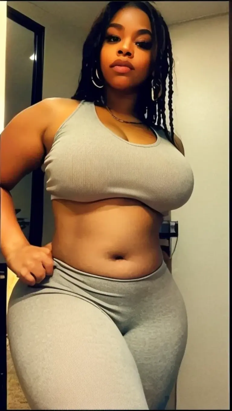 Analog image, neutral density,Highly detailed image ,thick voluptuous Dominican woman, viewed from above,with micro dreadlocks, highly detailed skin,even skin tone, skin imperfections, skin pores visible,wearing a tight short skirt and sports bra ,in a dim lit room , highly detailed clothing 